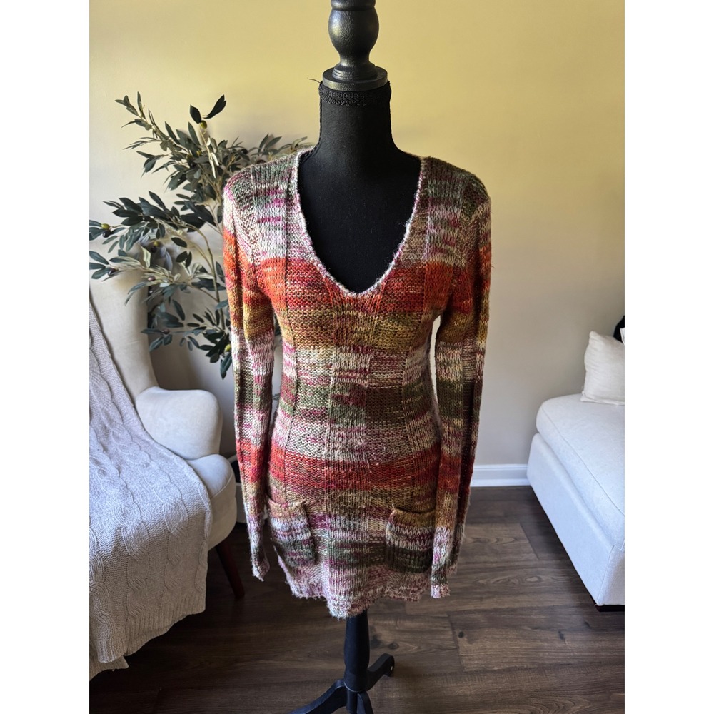 Ultra Flirt Space Dye Knit Tunic Sweater V-Neck Multi-Color Pockets Large 6E7456